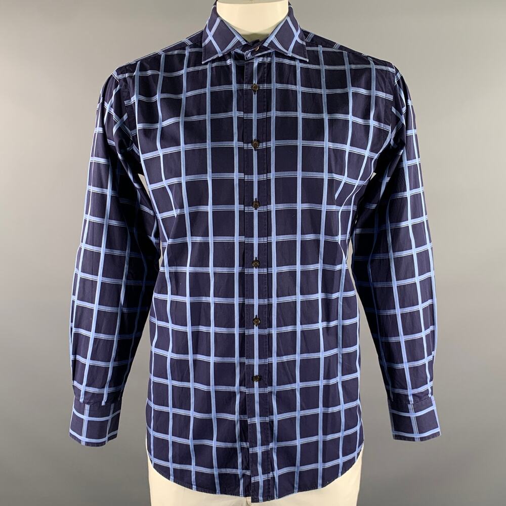 ETRO Size XL Navy Blue Plaid Cotton Spread Collar Long Sleeve Shirt